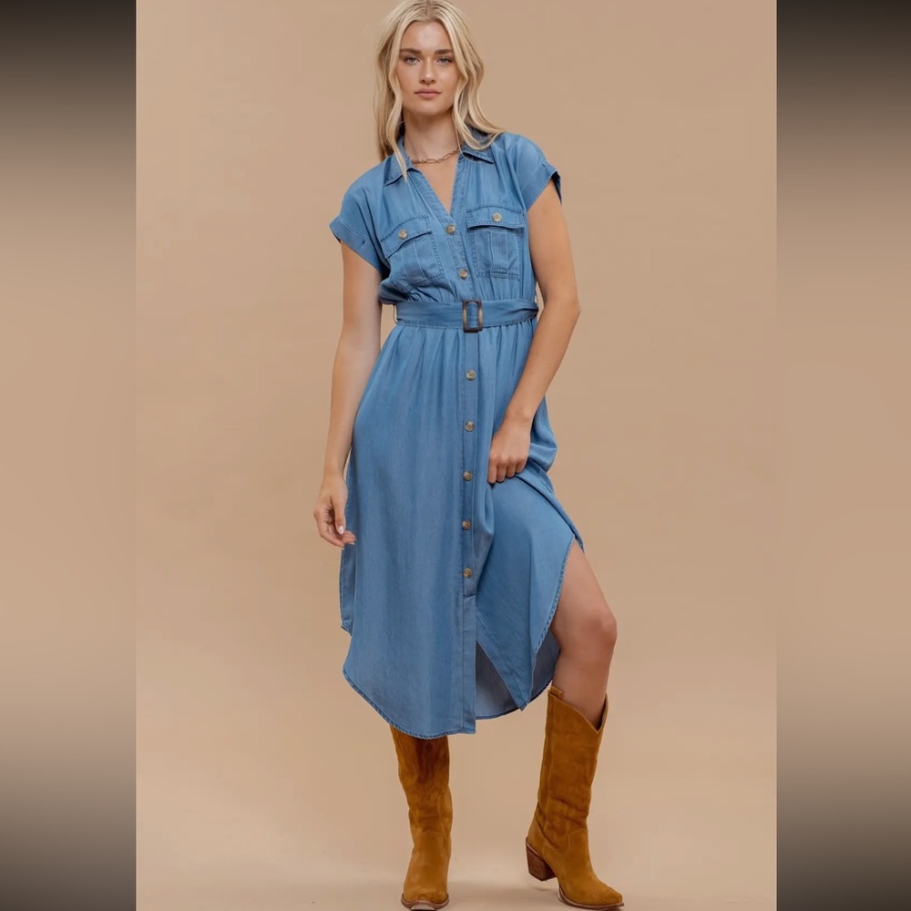 CHAMBRAY Collared Button Down Belted Midi Dress